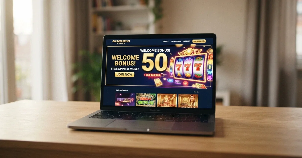 Ekran laptopa z otwartą stroną kasyna online, na której widnieje oferta bonusu 50 zł za rejestrację