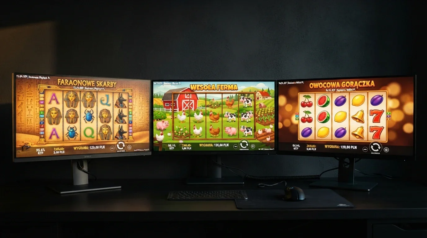 Trzy automaty do gry na ekranach — Book of Dead z egipską scenerią, Chicken Chase z farmą i kurczakami, Fruit Million z kolorowymi owocami — każdy z nakładką pokazującą RTP i dostawcę