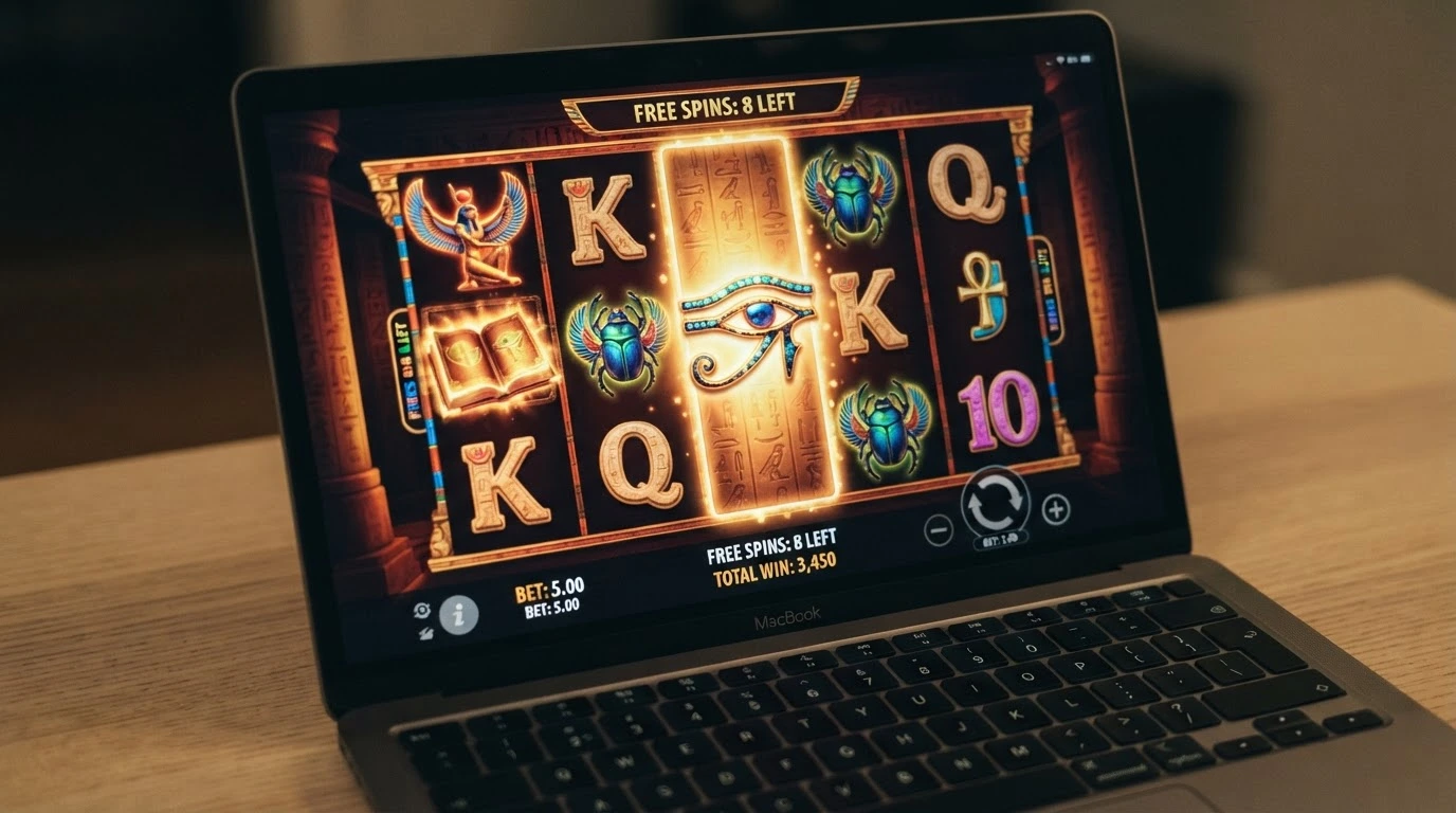 Ekran automatu Book of Ra Deluxe z widocznymi bębnami, symbolem księgi i planszą 5×3 podczas rundy free spins