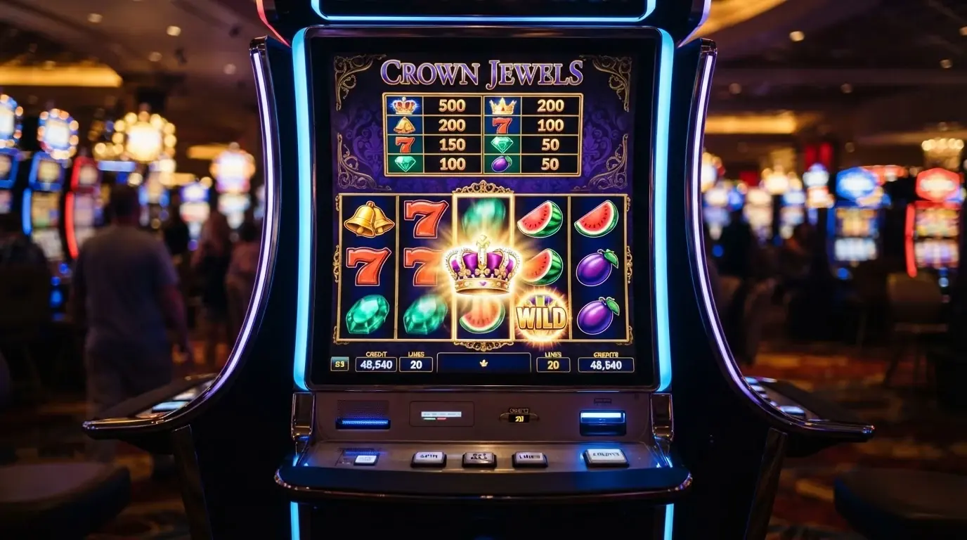Kolorowy automat slotowy Playtech z widocznymi bębnami, symbolem jackpota progresywnego i tabelą wypłat na ekranie