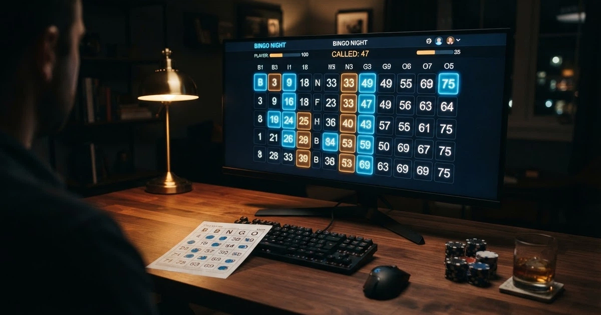 Plansza do bingo online na ekranie komputera z podświetlonymi polami i kartą gracza obok