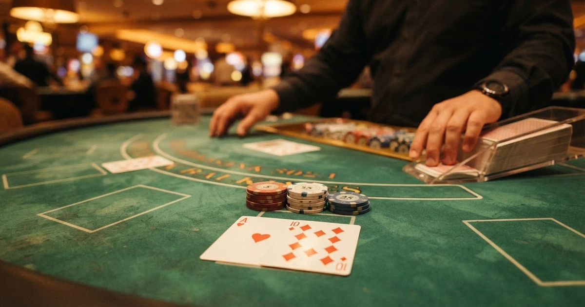Stół do blackjacka na żywo z krupierem widocznym na ekranie — zielone sukno, karty, żetony i interfejs gracza w kasynie online