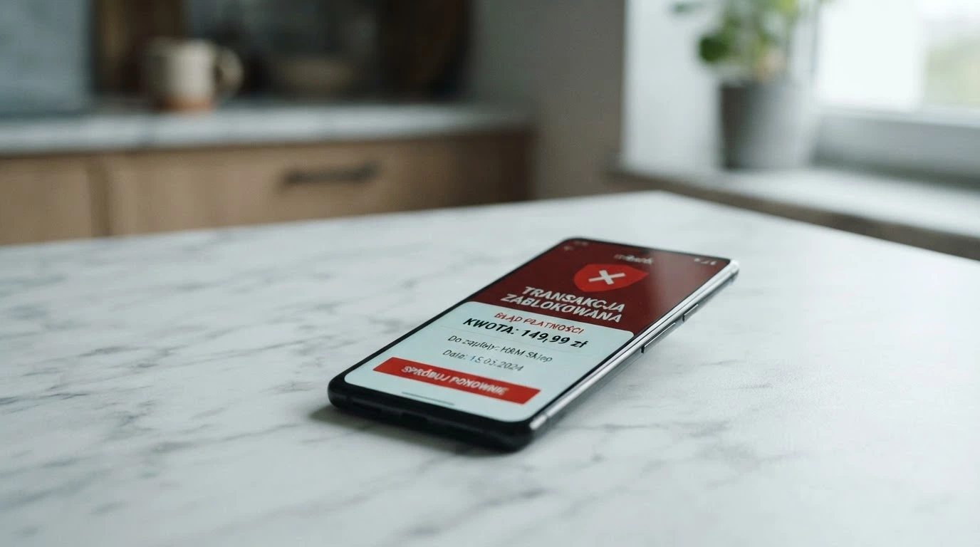 Smartfon z otwartą aplikacją bankową i komunikatem BLIK o zablokowaniu transakcji na tle logo Rejestru Domen MF