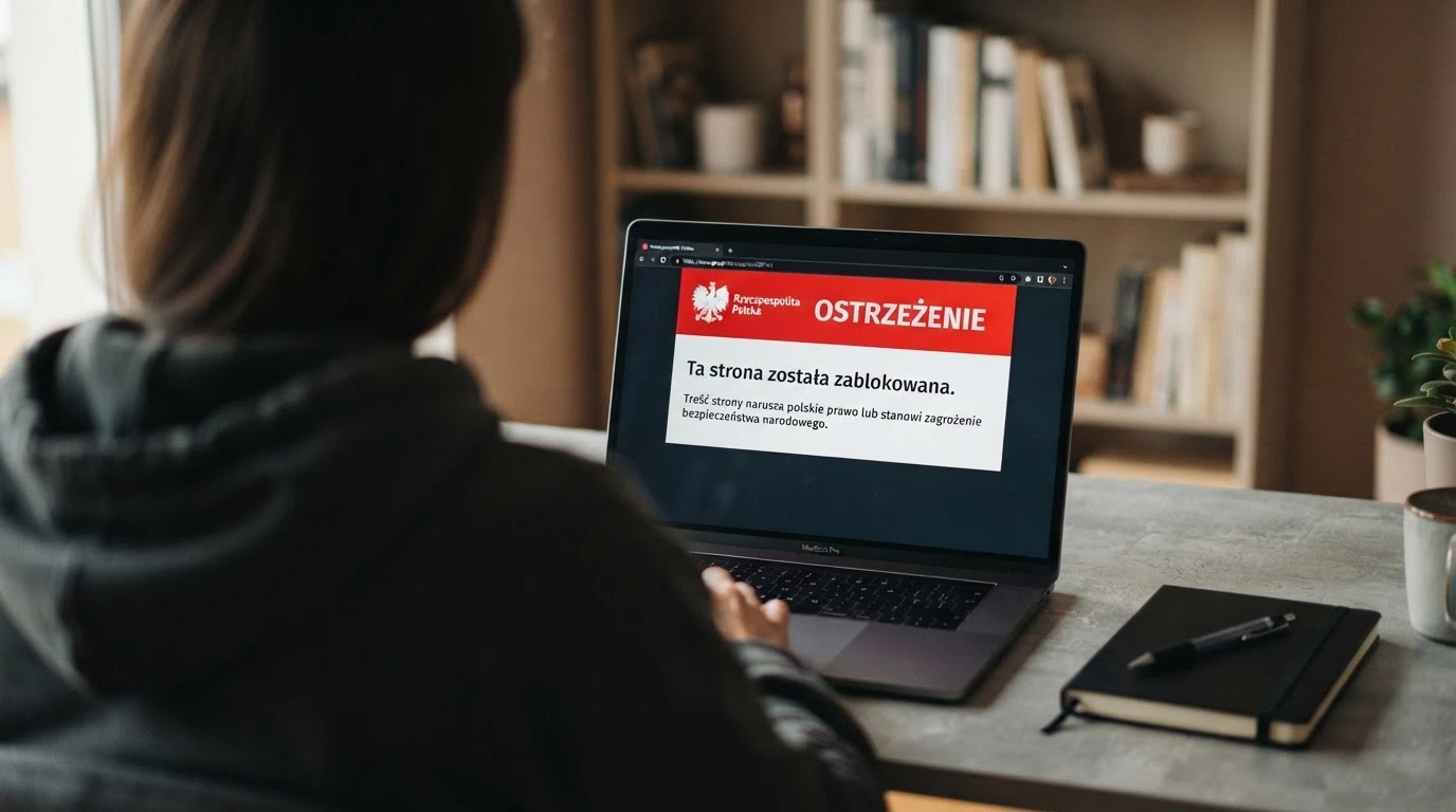 Ekran komputera z komunikatem Ministerstwa Finansów o zablokowaniu domeny hazardowej, w tle flaga Polski i paragrafy ustawy
