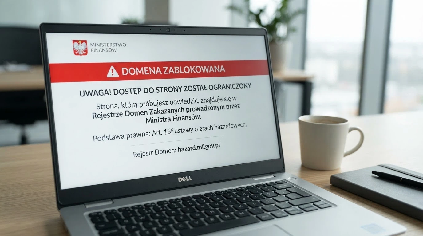 Zrzut ekranu przedstawiający oficjalne ostrzeżenie Ministerstwa Finansów na zablokowanej stronie hazardowej