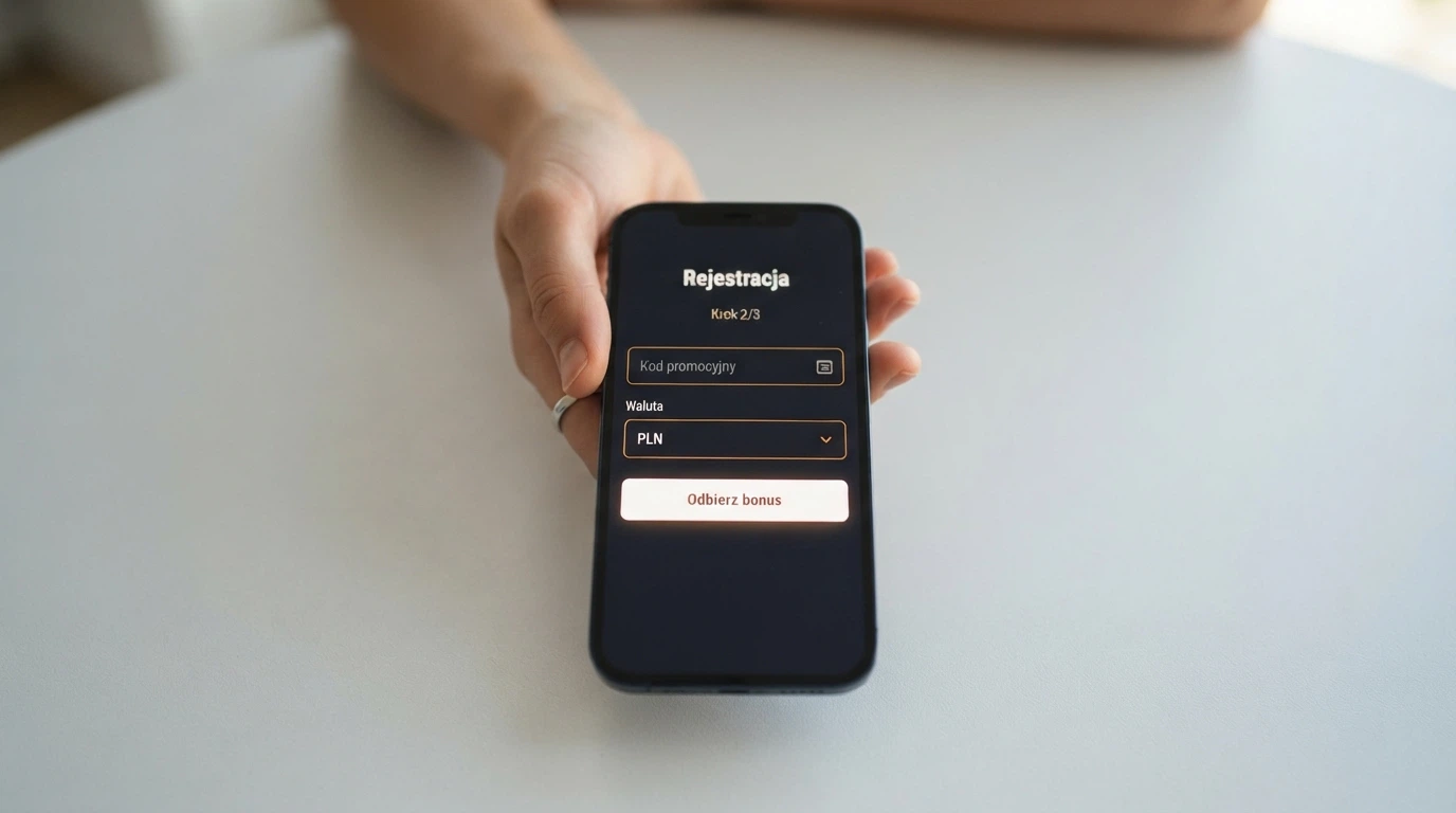 Formularz rejestracyjny w kasynie online z polem na kod promocyjny i przyciskiem „Odbierz bonus” pod widocznym polem wyboru waluty PLN