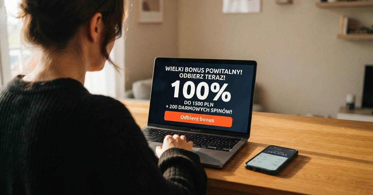 Zbliżenie na ekran laptopa z otwartą stroną kasyna online — widoczny baner z ofertą bonusu powitalnego 150% i przyciskem „Odbierz bonus”, obok leży smartfon z kalkulatorem
