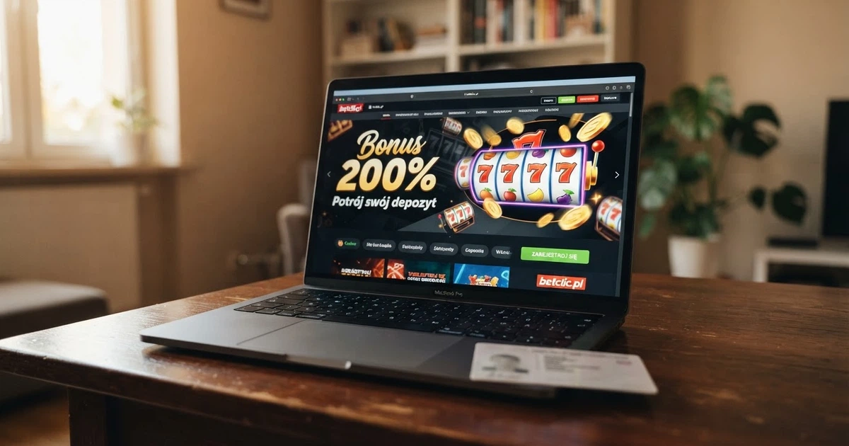 Zbliżenie na ekran laptopa z otwartą stroną kasyna online, na której widnieje baner „Bonus 200% – potrój swój depozyt”. Obok leży polski dowód osobisty, częściowo zasłonięty.