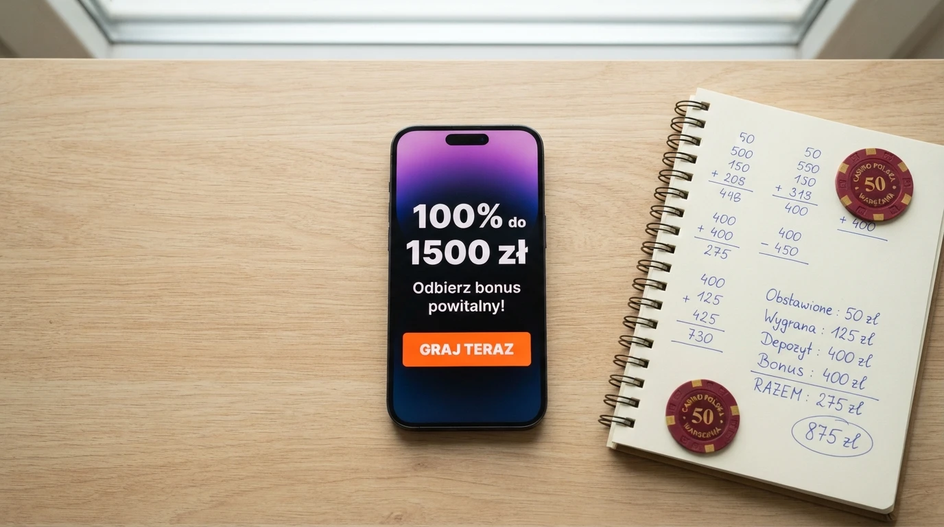 Strona promocyjna kasyna online pokazująca ofertę bonusu 100% z widocznym regulaminem i polem na kod promocyjny — obok kalkulator i stos monet
