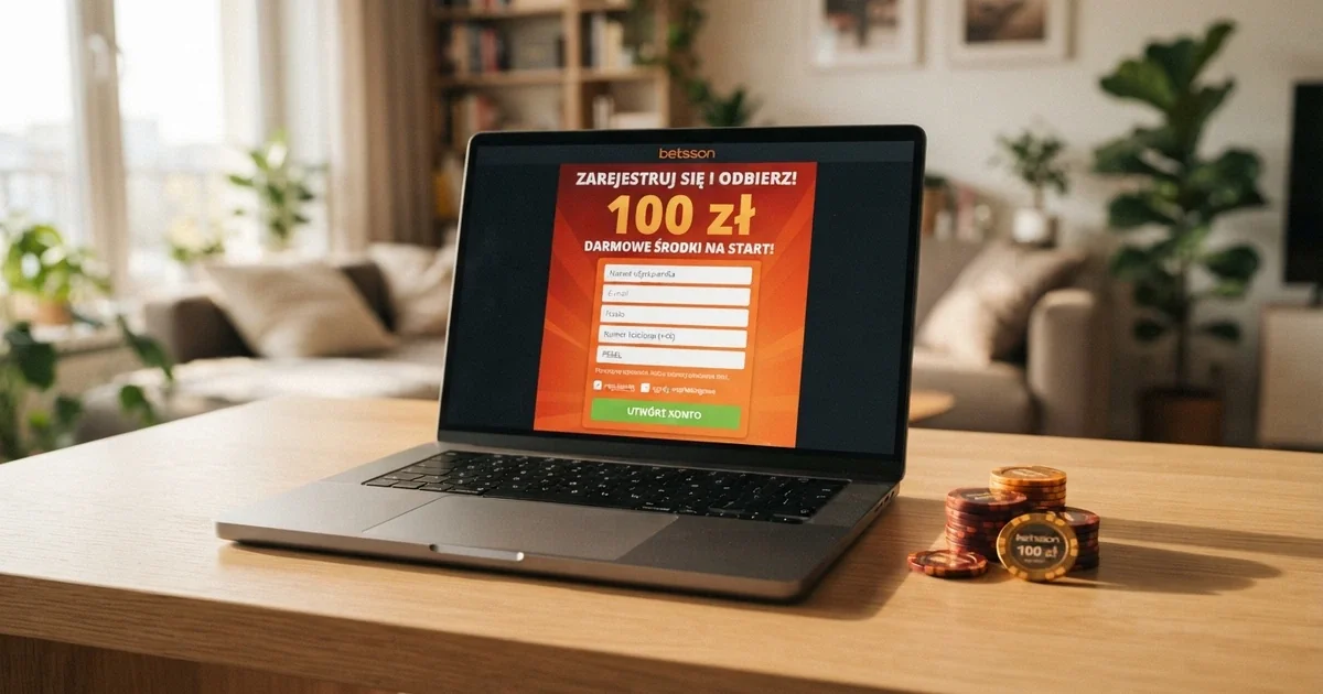 Strona rejestracyjna kasyna online z widocznym formularzem i komunikatem o bonusie 100 zł bez depozytu za założenie konta