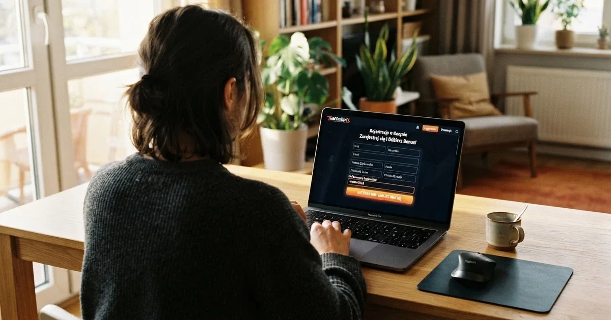Formularz rejestracyjny kasyna online z polem na kod bonusowy i przyciskiem aktywacji oferty bez depozytu