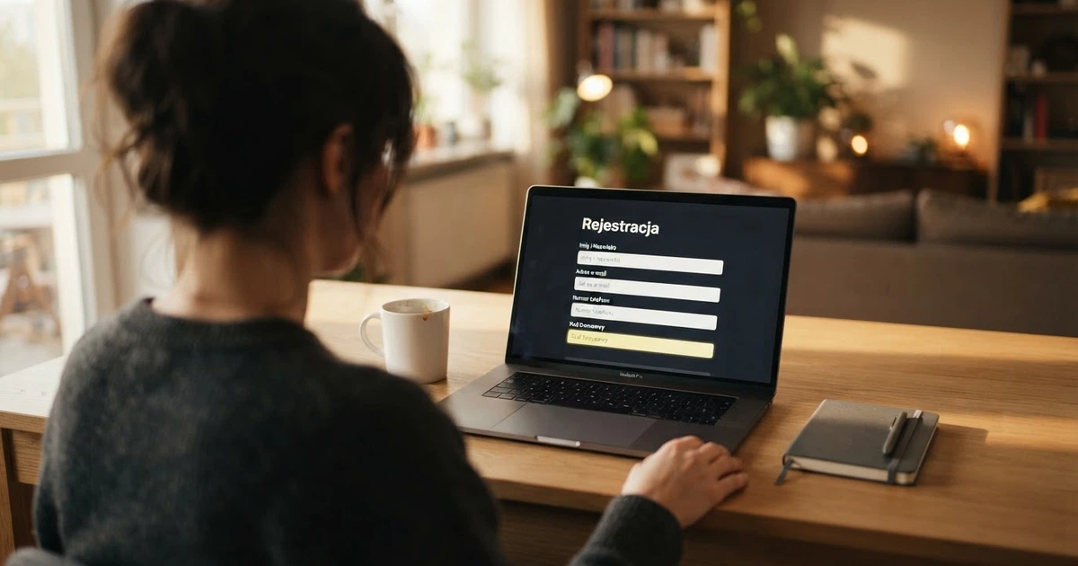 Formularz rejestracyjny kasyna online z polami na dane osobowe i kodem bonusowym na ekranie laptopa