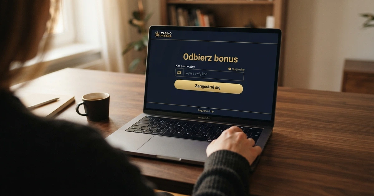 Strona rejestracyjna kasyna online z widocznym polem na kod promocyjny i przyciskiem „Odbierz bonus” na ekranie laptopa