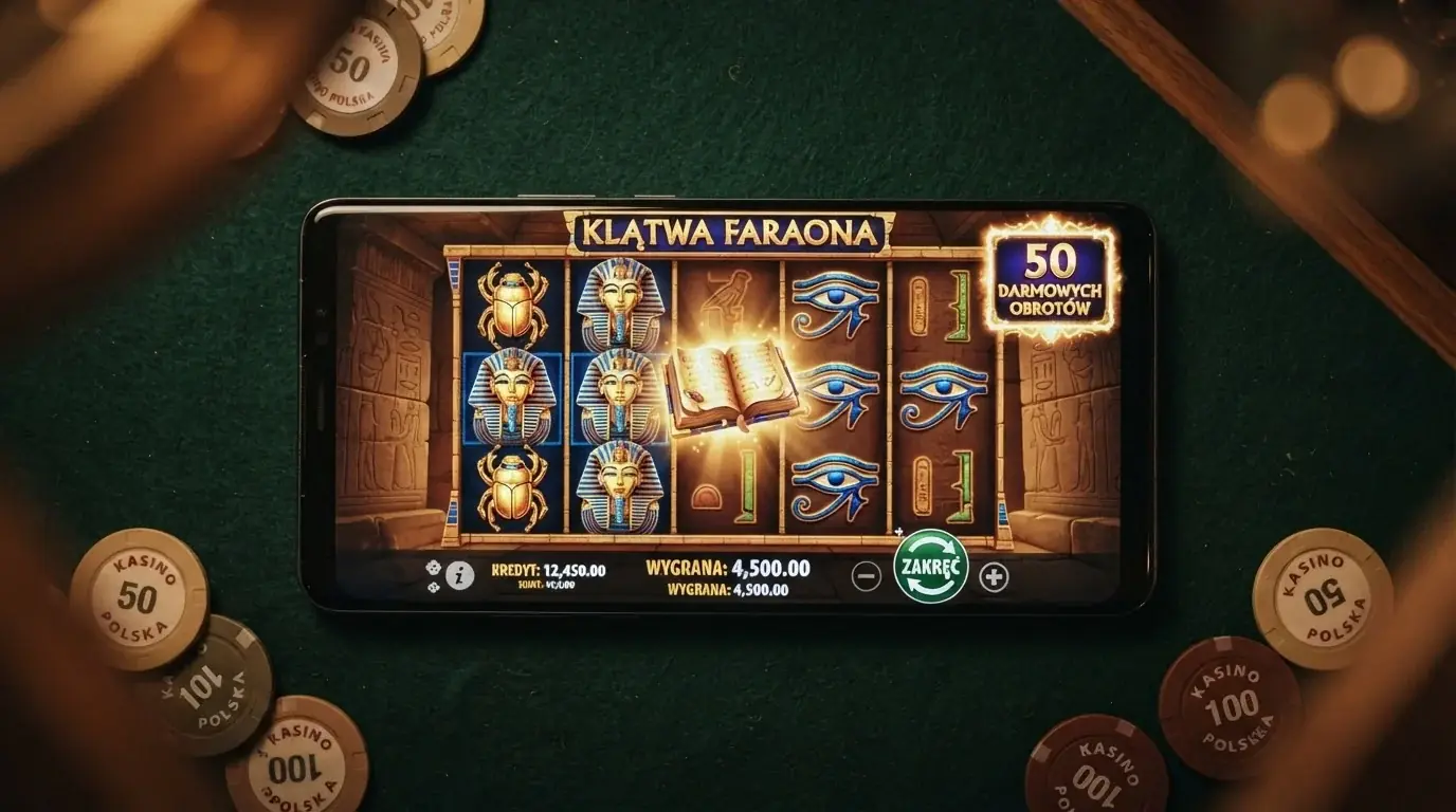 Ekran slotu Book of Dead z widocznymi bębnami i symbolem książki, obok znacznik „50 free spins”