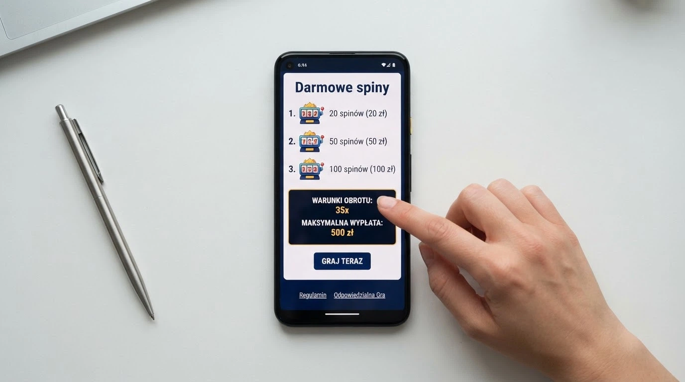 Ekran promocji kasyna online z listą darmowych spinów, obok widoczne warunki obrotu i limit maksymalnej wypłaty