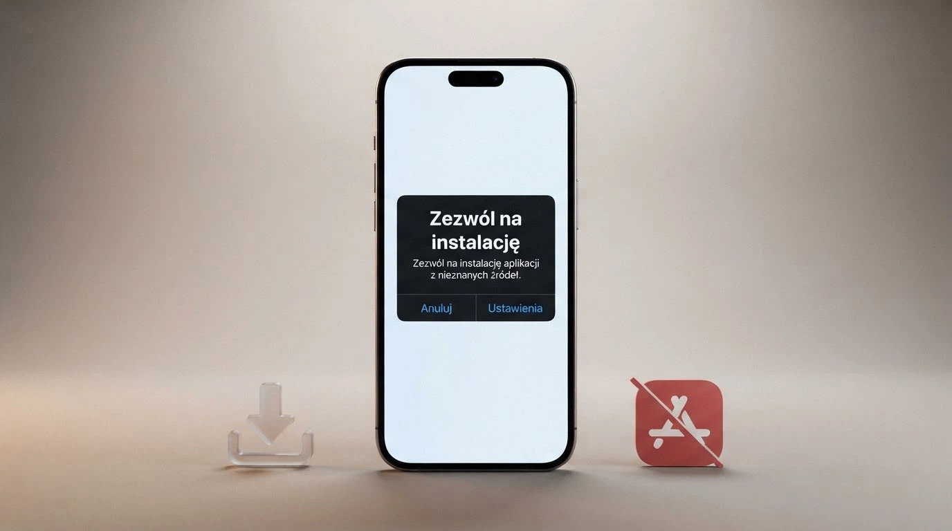 Ekran Androida z komunikatem „Zezwól na instalację z nieznanych źródeł” i ikoną pliku APK kasyna obok ikony Google Play z przekreśleniem