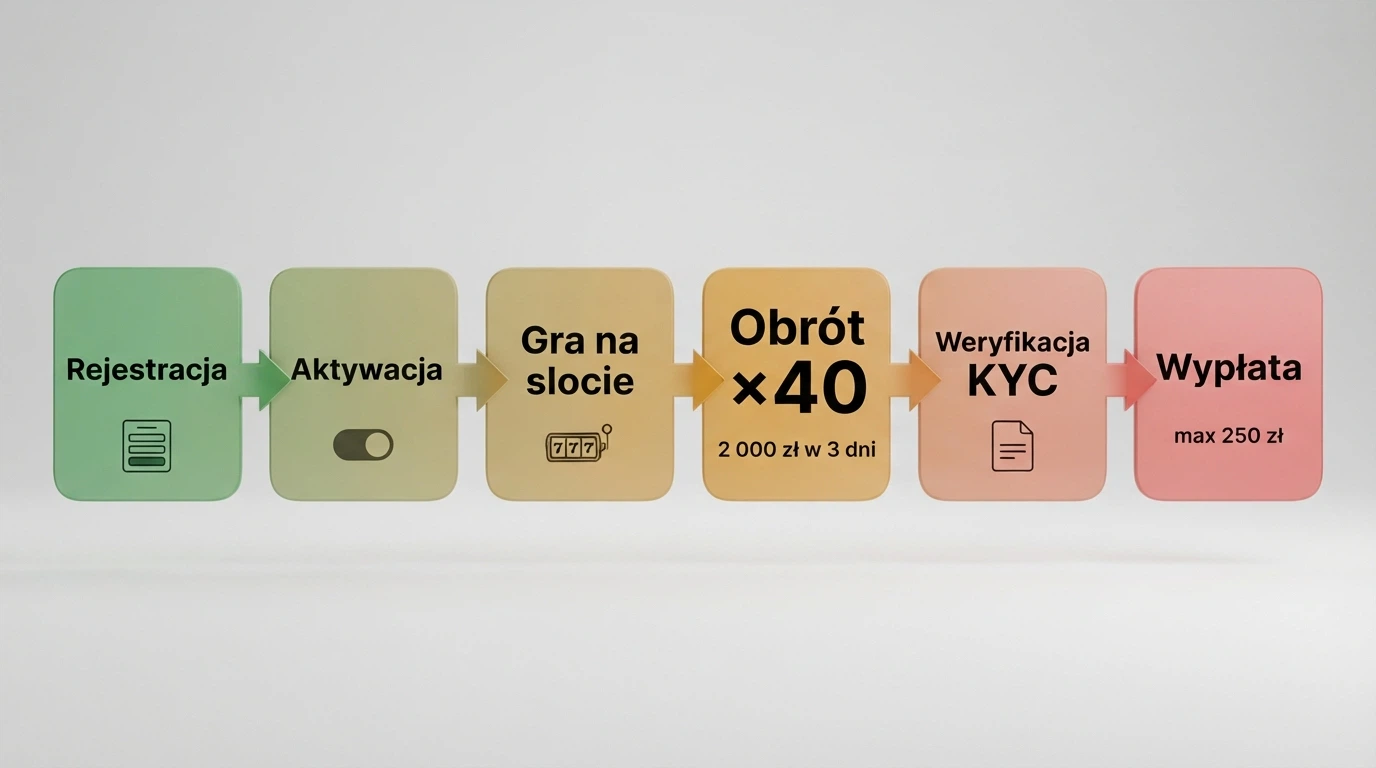 Schemat ścieżki bonusu ND: rejestracja → aktywacja → gra → obrót ×40 → weryfikacja → wypłata, z zaznaczonymi wymaganiami na każdym etapie