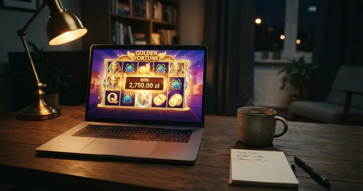 Strona internetowa Total Casino na ekranie laptopa — jedyne legalne kasyno online w Polsce obok komunikatów ostrzegawczych MF i symbolu monopolu państwa