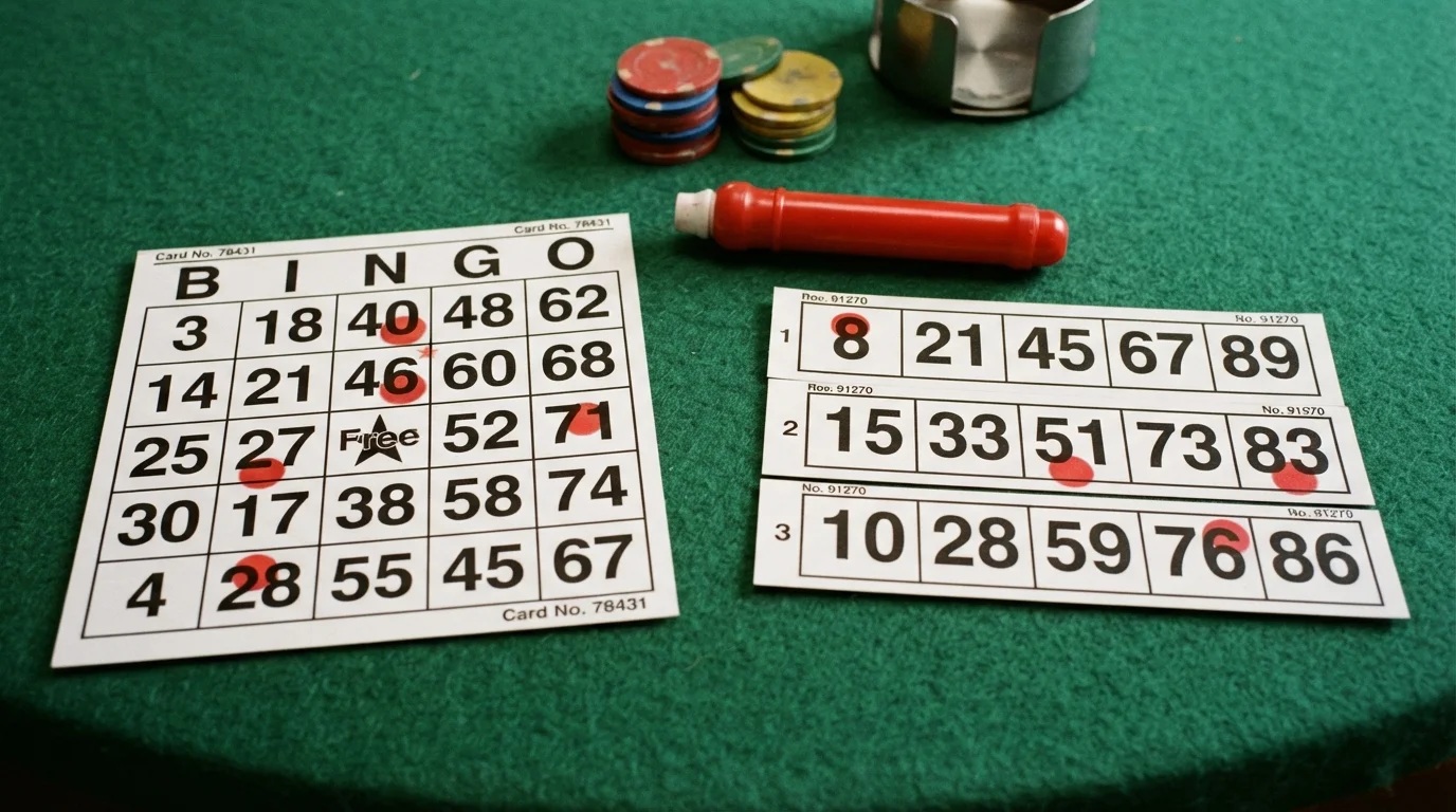 Dwie karty bingo obok siebie: plansza 5×5 z zakresem 1–75 i plansza 3×9 z zakresem 1–90