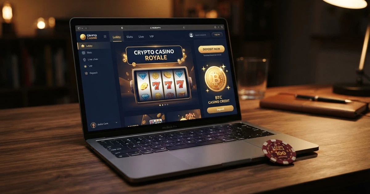 Strona kasyna kryptowalutowego z logo Binance Coin i widoczną opcją wpłaty kryptowalutą na ekranie laptopa