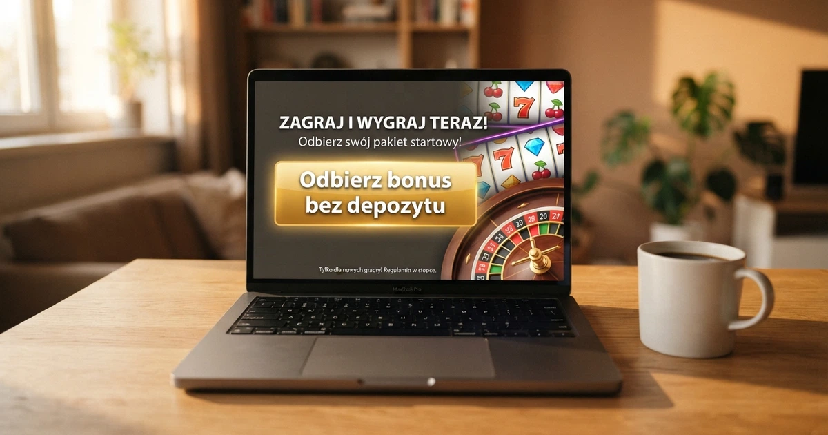 Strona główna kasyna online z przyciskiem „Odbierz bonus bez depozytu” na ekranie laptopa