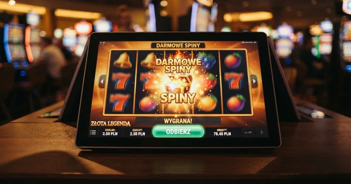 Ekran automatu slotowego z symbolem darmowych spinów i przyciskiem rejestracji w kasynie online