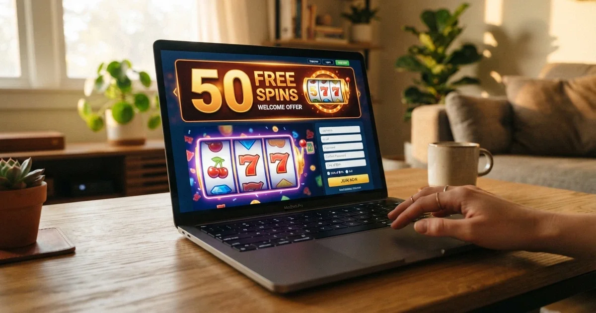 Ekran kasyna online z widoczną ofertą 50 darmowych spinów bez depozytu i polem rejestracyjnym