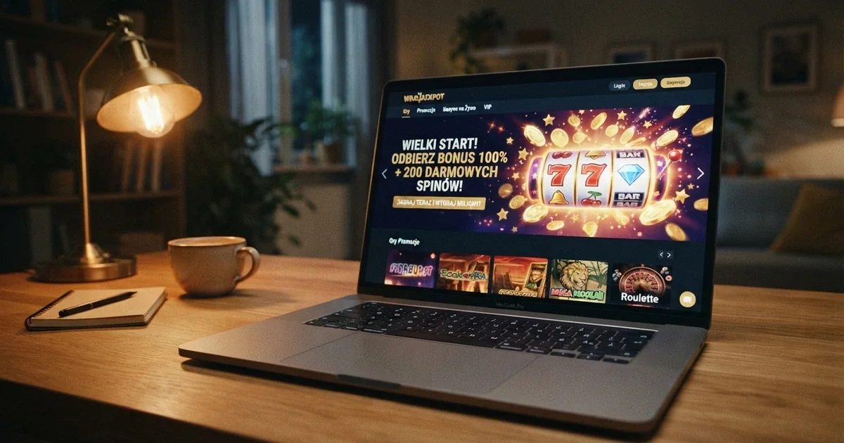 Strona kasyna online z banerem promującym ofertę darmowych spinów na automatach