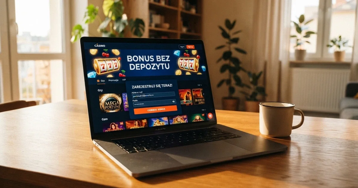 Strona główna kasyna online z wyróżnionym banerem „bonus bez depozytu za rejestrację” i polem do założenia konta