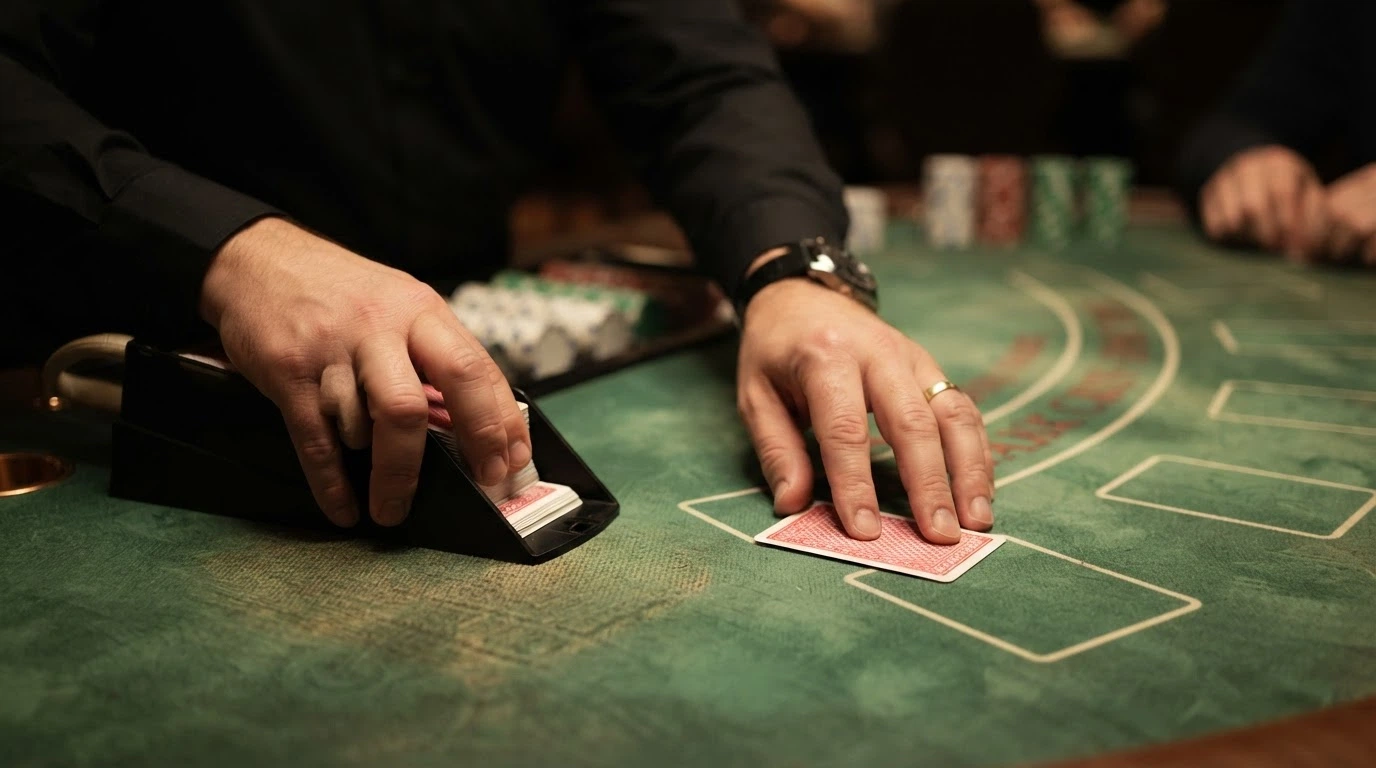 Krupier przy stole do blackjacka na żywo w trakcie rozdawania kart — zbliżenie na dłonie krupiera, karty na stole i shoe z taliami