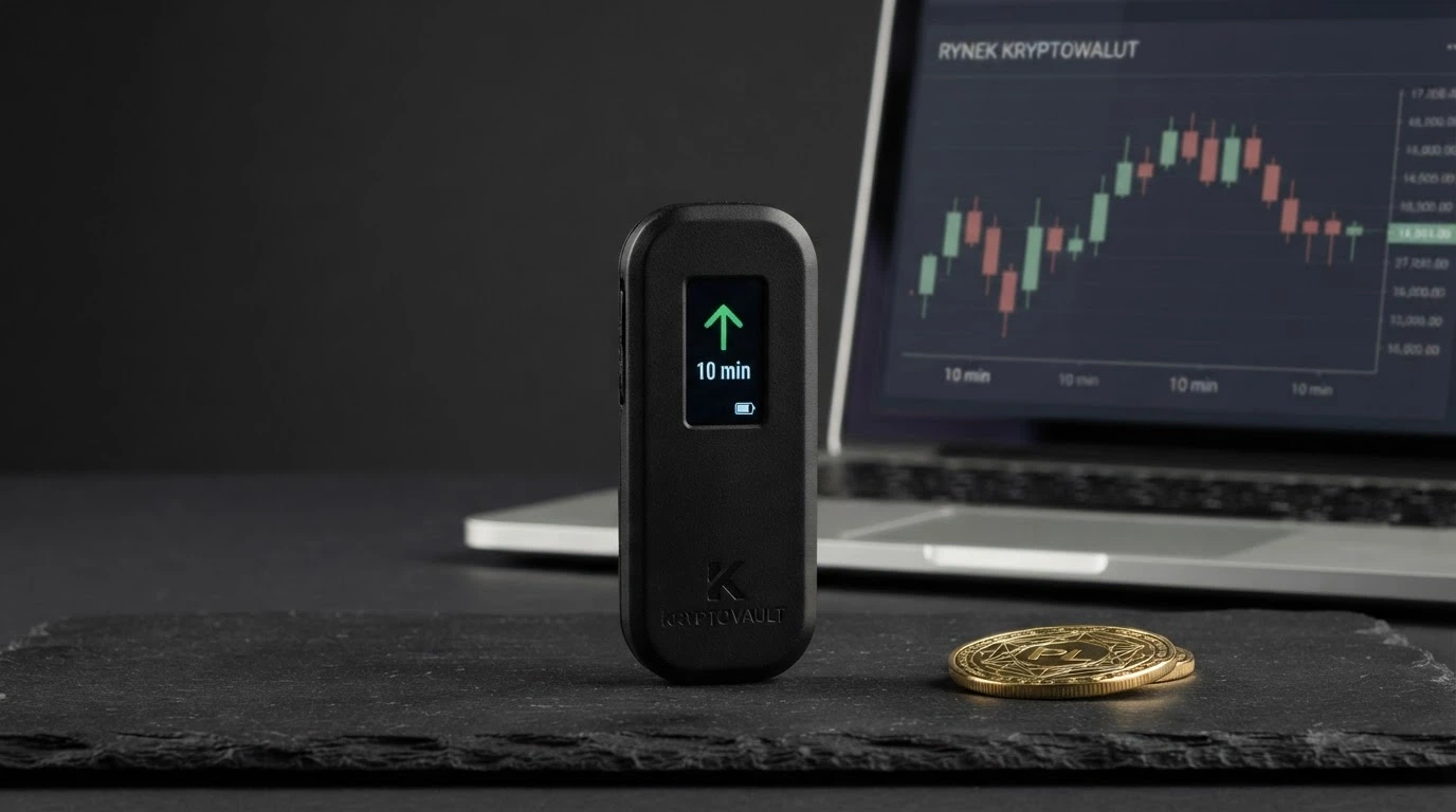 Portfel sprzętowy do kryptowalut obok ekranu z transakcją Bitcoin, w tle wykres kursu BTC i napis „10 minut”