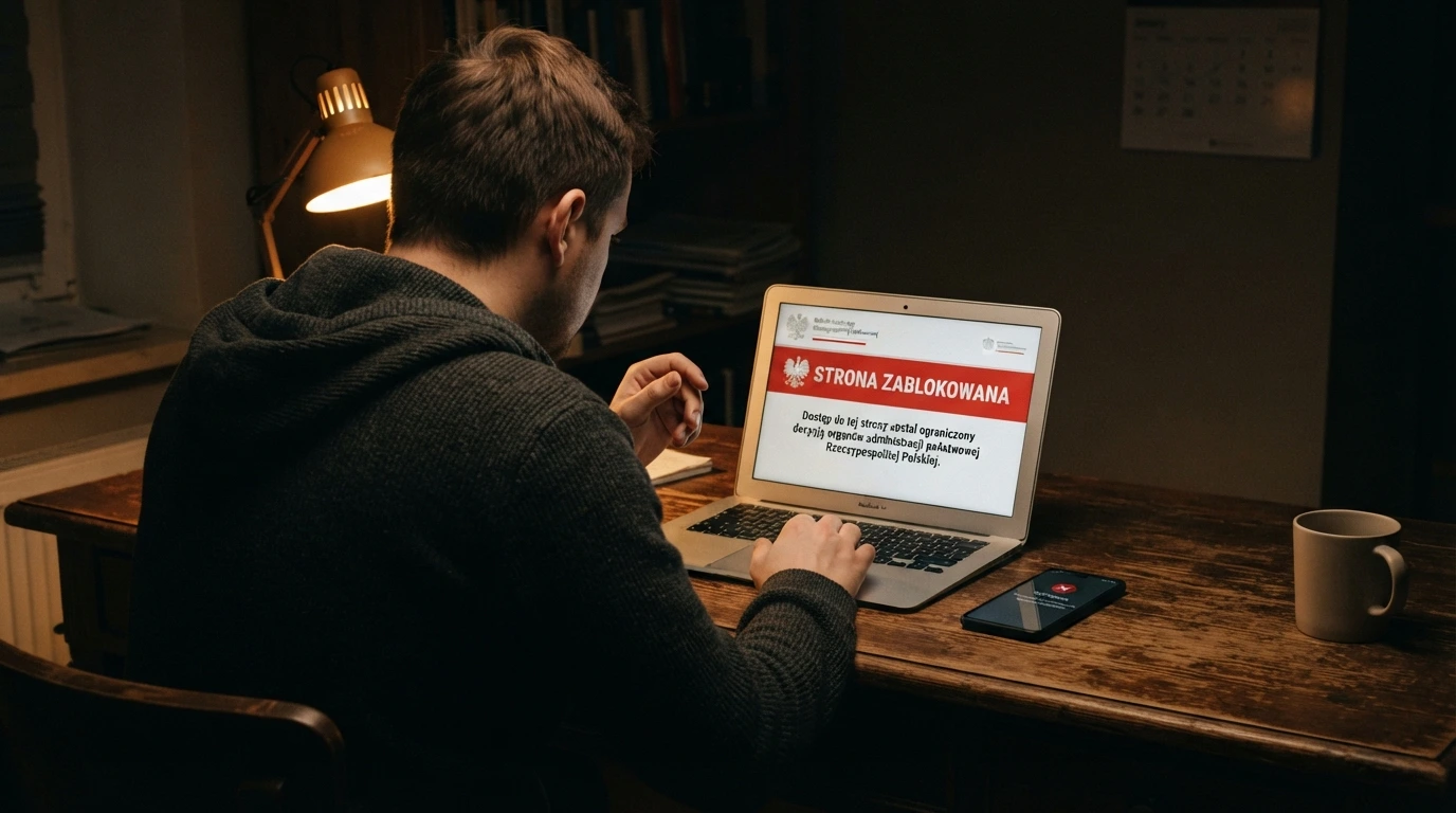 Dokument urzędowy z pieczęcią Ministerstwa Finansów obok ekranu z napisem „Rejestr Domen Zakazanych” i logotypem Total Casino