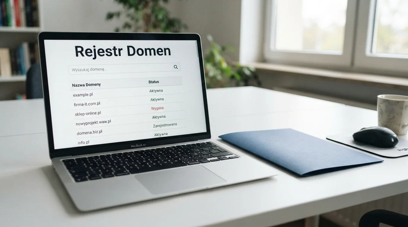 Dokument urzędowy z pieczęcią Ministerstwa Finansów na tle ekranu z napisem „Rejestr Domen”