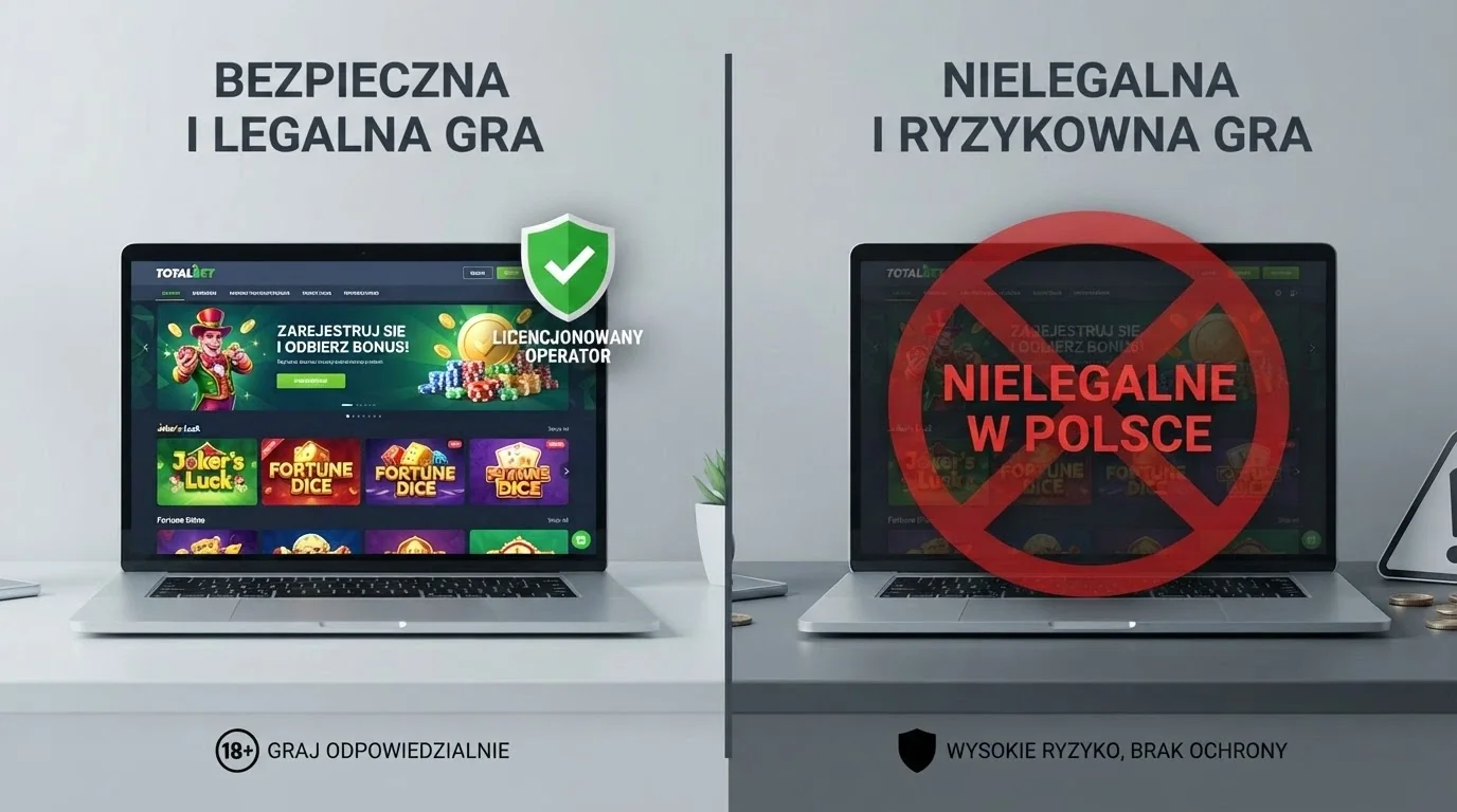 Podział ekranu: z lewej Total Casino z oznaczeniem „legalne — monopol państwa”, z prawej ikony kasyn offshore przekreślone czerwonym znakiem ostrzegawczym