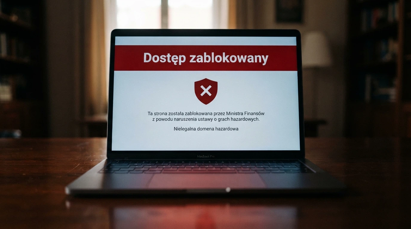 Dokument urzędowy z pieczęcią Ministerstwa Finansów leżący obok ekranu z komunikatem ostrzegawczym o nielegalnej domenie