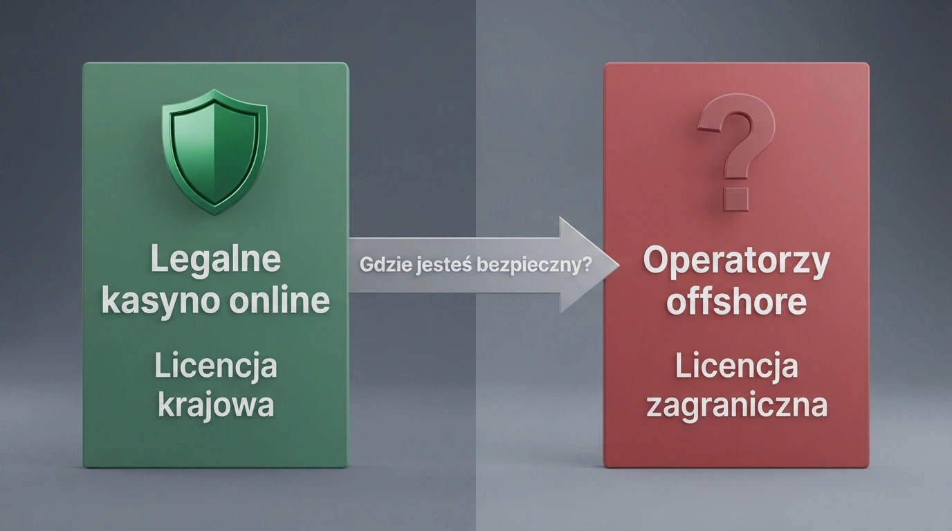 Dwie kolumny ikon na kontrastowym tle: zielona kolumna z symbolem tarczy i napisem „Total Casino – licencja MF”, czerwona kolumna z symbolem znaku zapytania i napisem „Operatorzy offshore – licencja Curacao”. Pomiędzy nimi strzałka z pytaniem „Gdzie jesteś bezpieczny?”