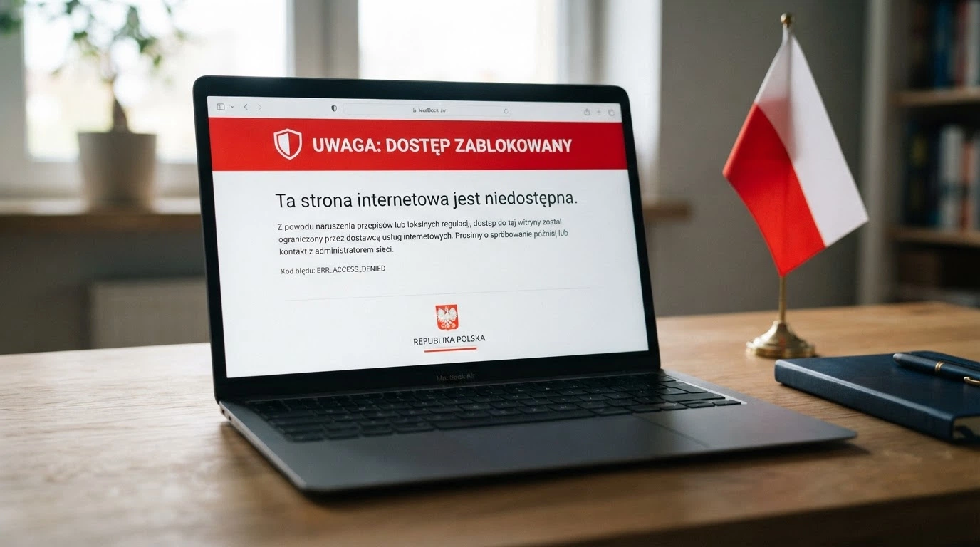 Ekran przeglądarki z komunikatem ostrzegawczym Ministerstwa Finansów — symbol blokady domeny nielegalnego kasyna przez Rejestr Domen — obok polska flaga UE