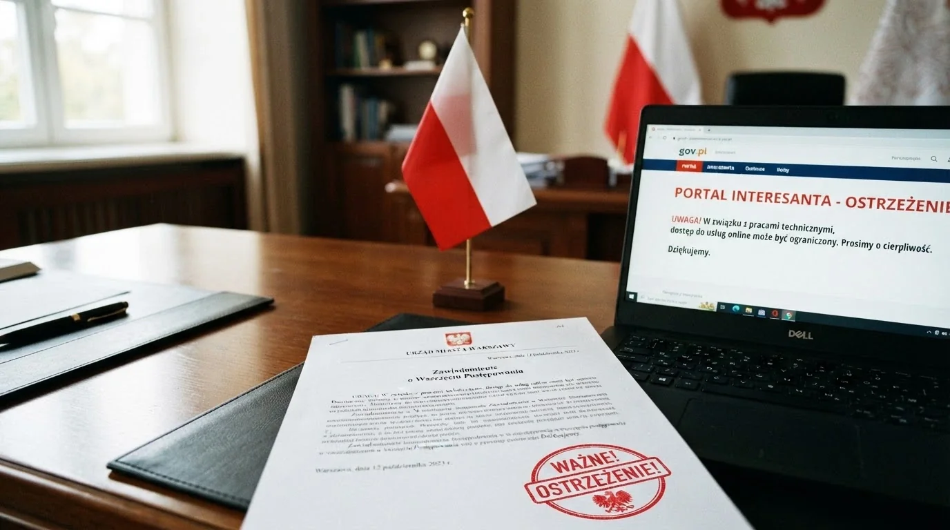 Polska flaga i dokument urzędowy na tle komunikatu ostrzegawczego Ministerstwa Finansów o nielegalnym hazardzie online