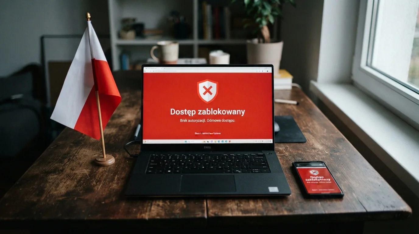 Flaga Polski obok dokumentu urzędowego i ekranu z komunikatem blokady domeny