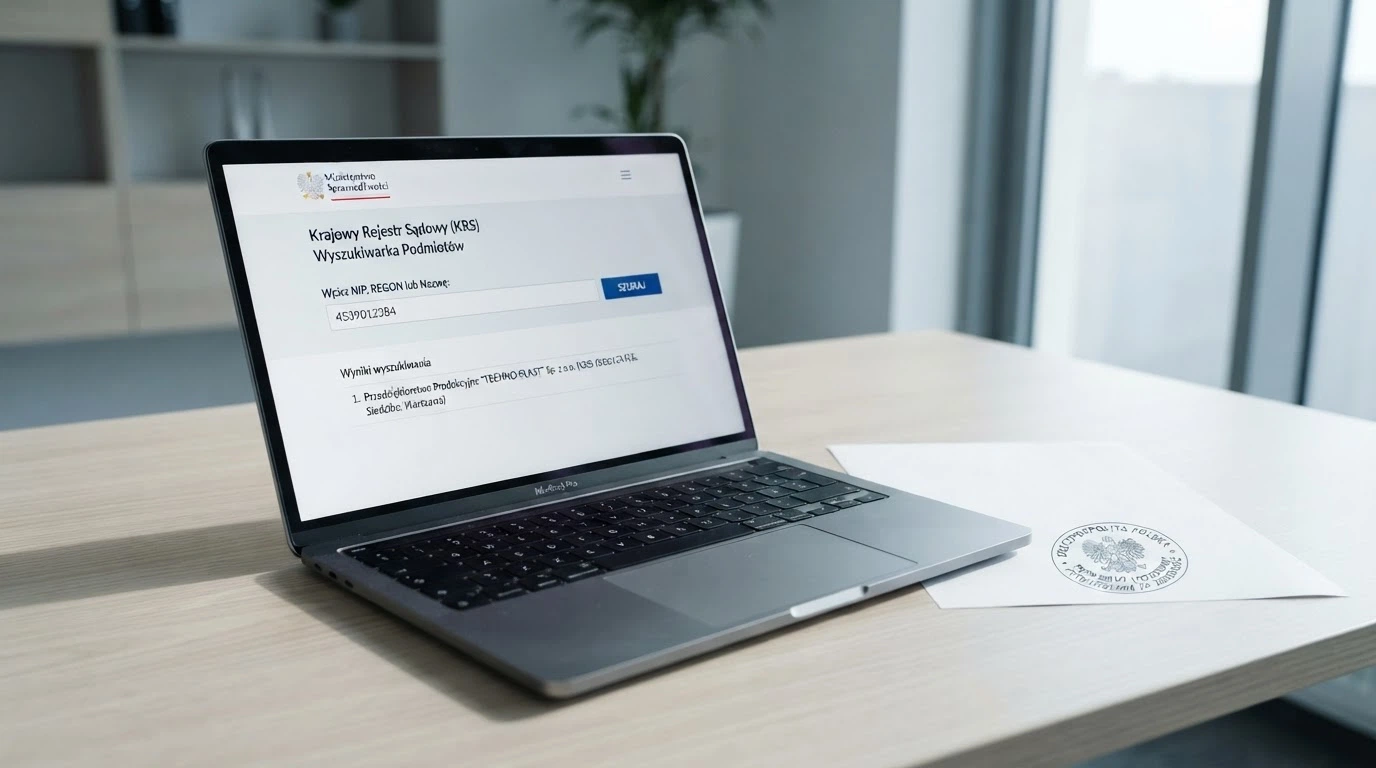 Dokument z pieczęcią urzędową na tle ekranu laptopa z otwartą stroną Rejestru Domen MF