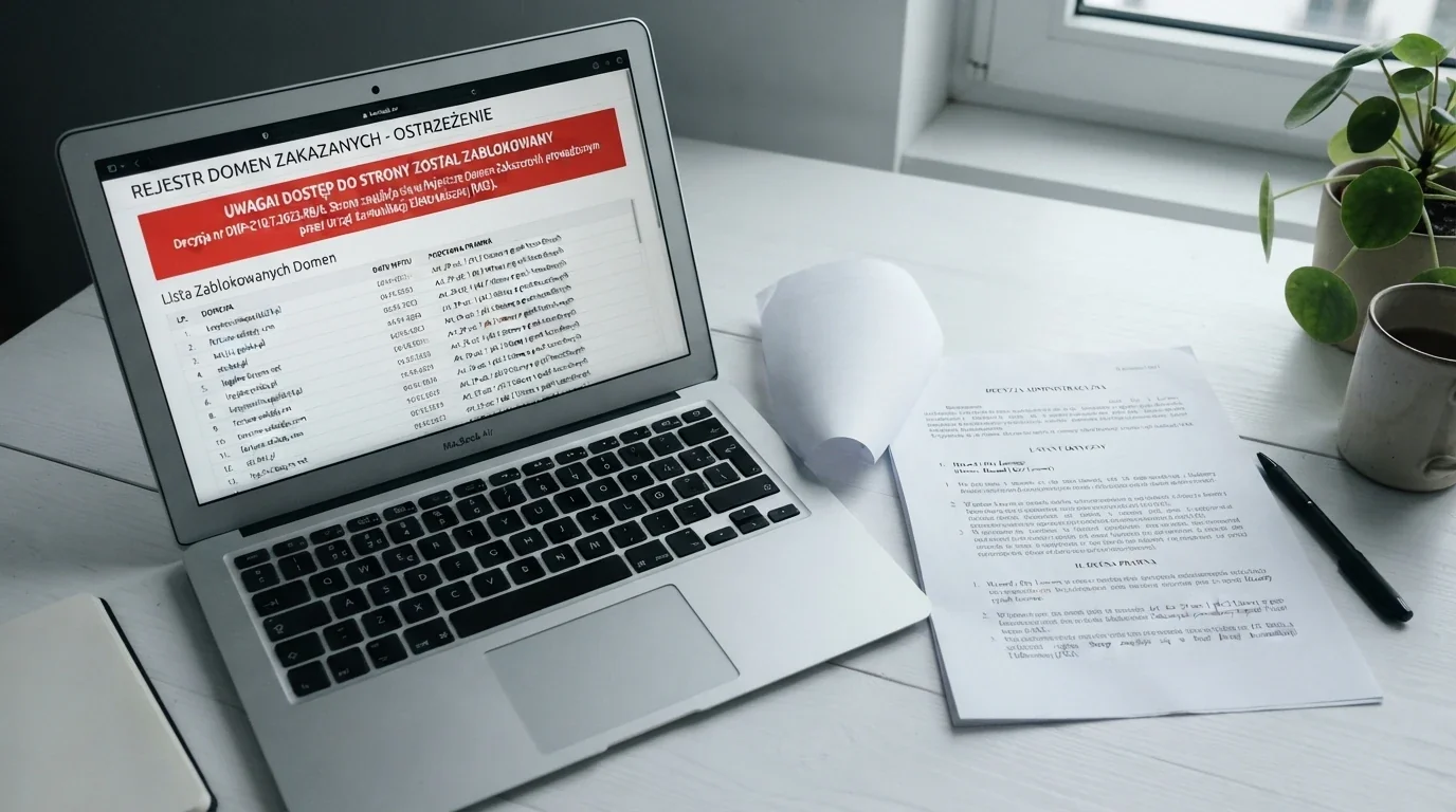 Ekran laptopa z otwartą stroną Rejestru Domen MF i komunikatem ostrzegawczym, obok paragrafy ustawy o grach hazardowych