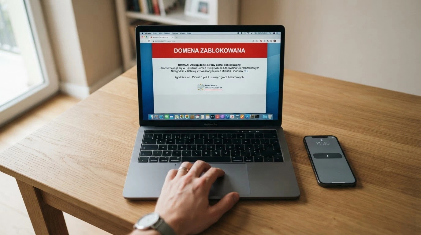 Dokument urzędowy z pieczęcią Ministerstwa Finansów obok ekranu z komunikatem ostrzegawczym — kontrast legalnego i nielegalnego hazardu