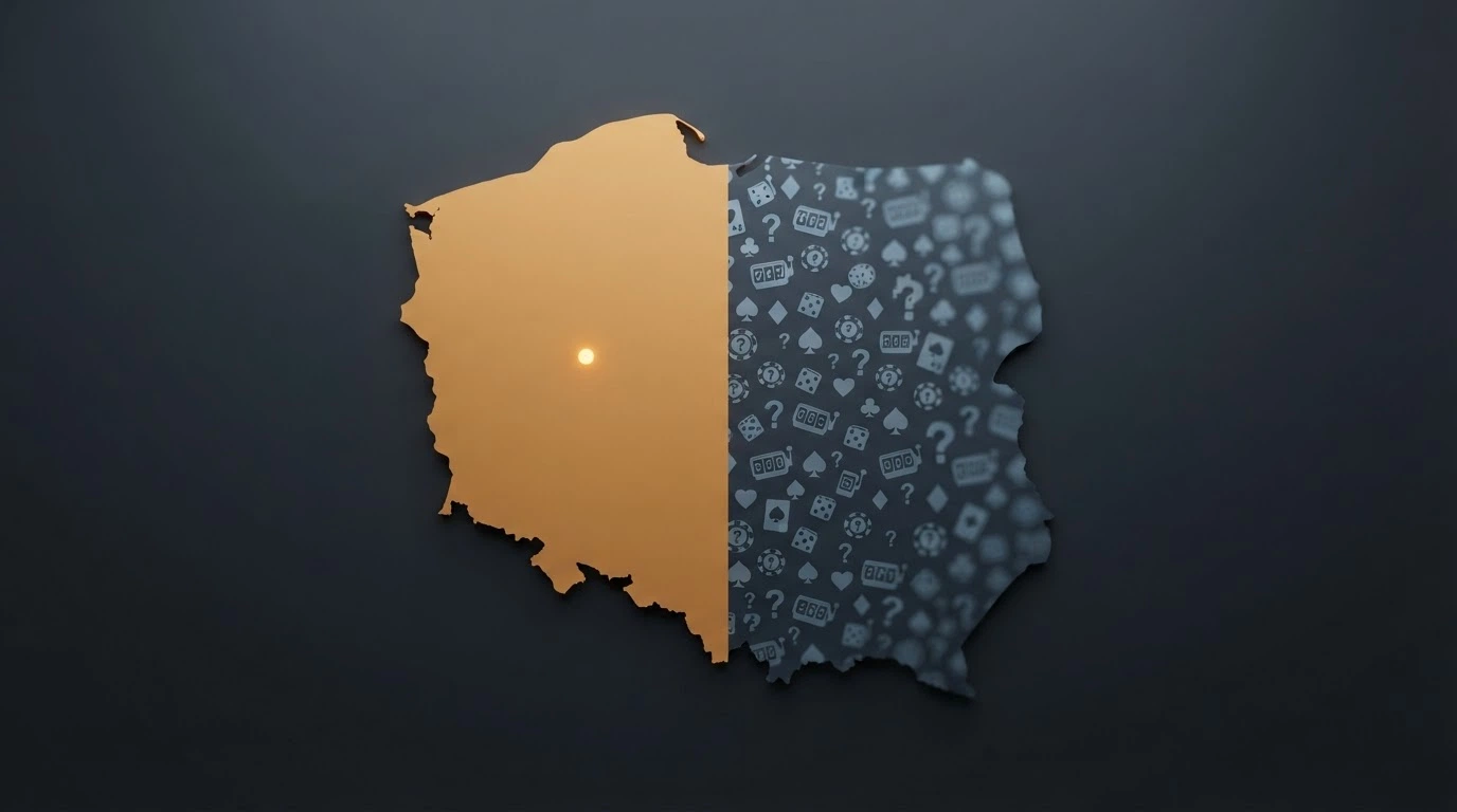 Kontur mapy Polski wypełniony w połowie kolorem legalnego rynku (jeden punkt — Total Casino), a w połowie rozmytym wzorem wielu małych ikon kasyn z pytajnikami — obraz podziału rynku