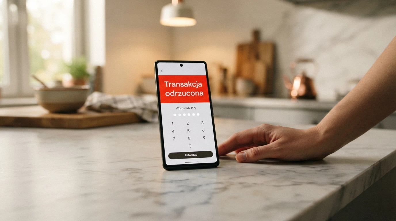 Smartfon z ekranem płatności BLIK — komunikat „Transakcja odrzucona”, obok logo Przelewy24, Visa i Skrill jako alternatywy