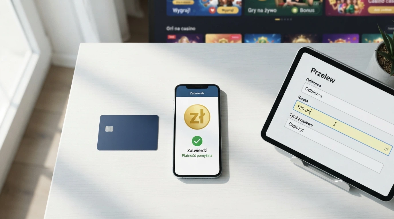 Smartfon z otwartą aplikacją BLIK obok karty Visa i ekranu przelewu Przelewy24 na tle kasyna online