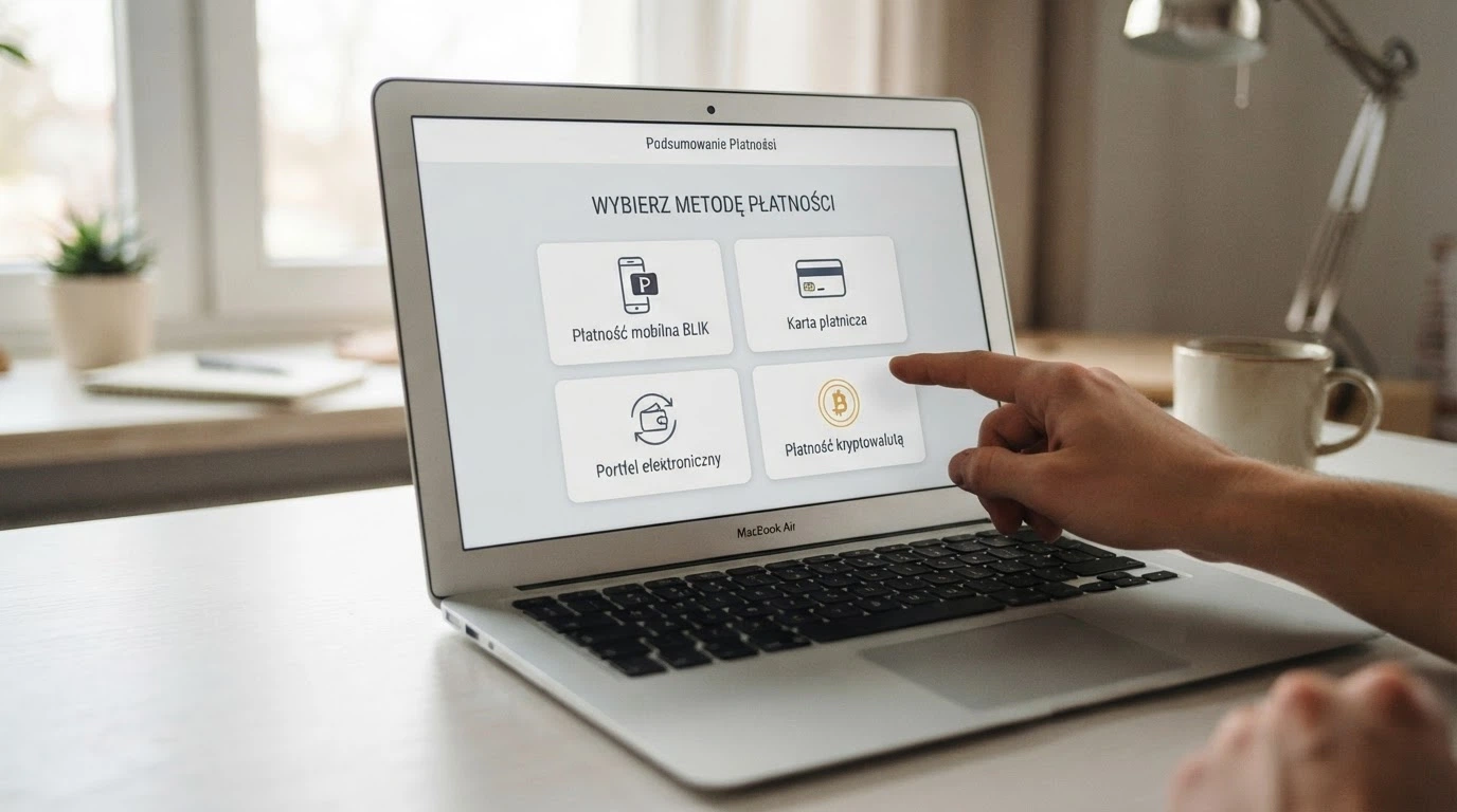 Ekran wyboru metody płatności w kasynie online — BLIK, Przelewy24, karta, e-portfele i kryptowaluty