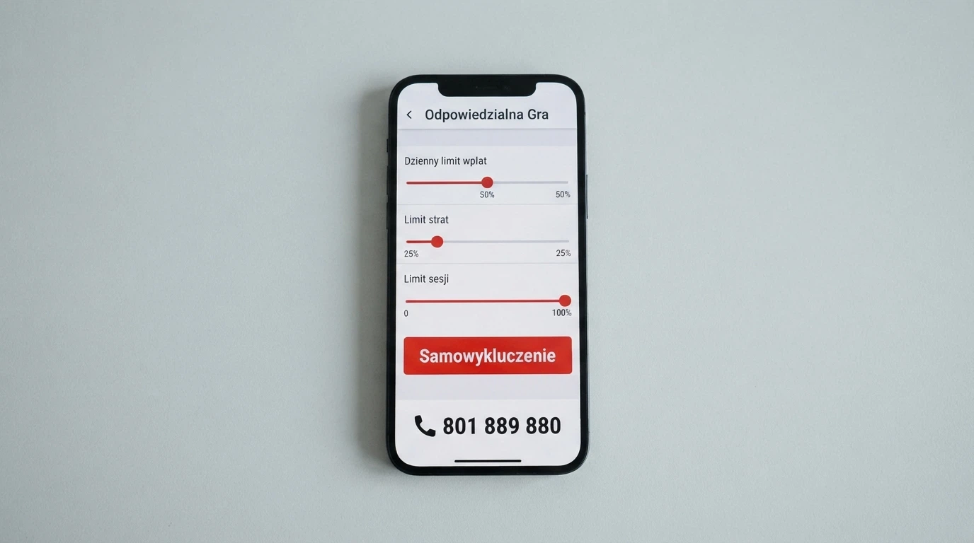 Interfejs panelu gracza z widocznymi suwakami limitów — dzienny limit wpłat, limit strat i przycisk samowykluczenia — obok infolinii 801 889 880