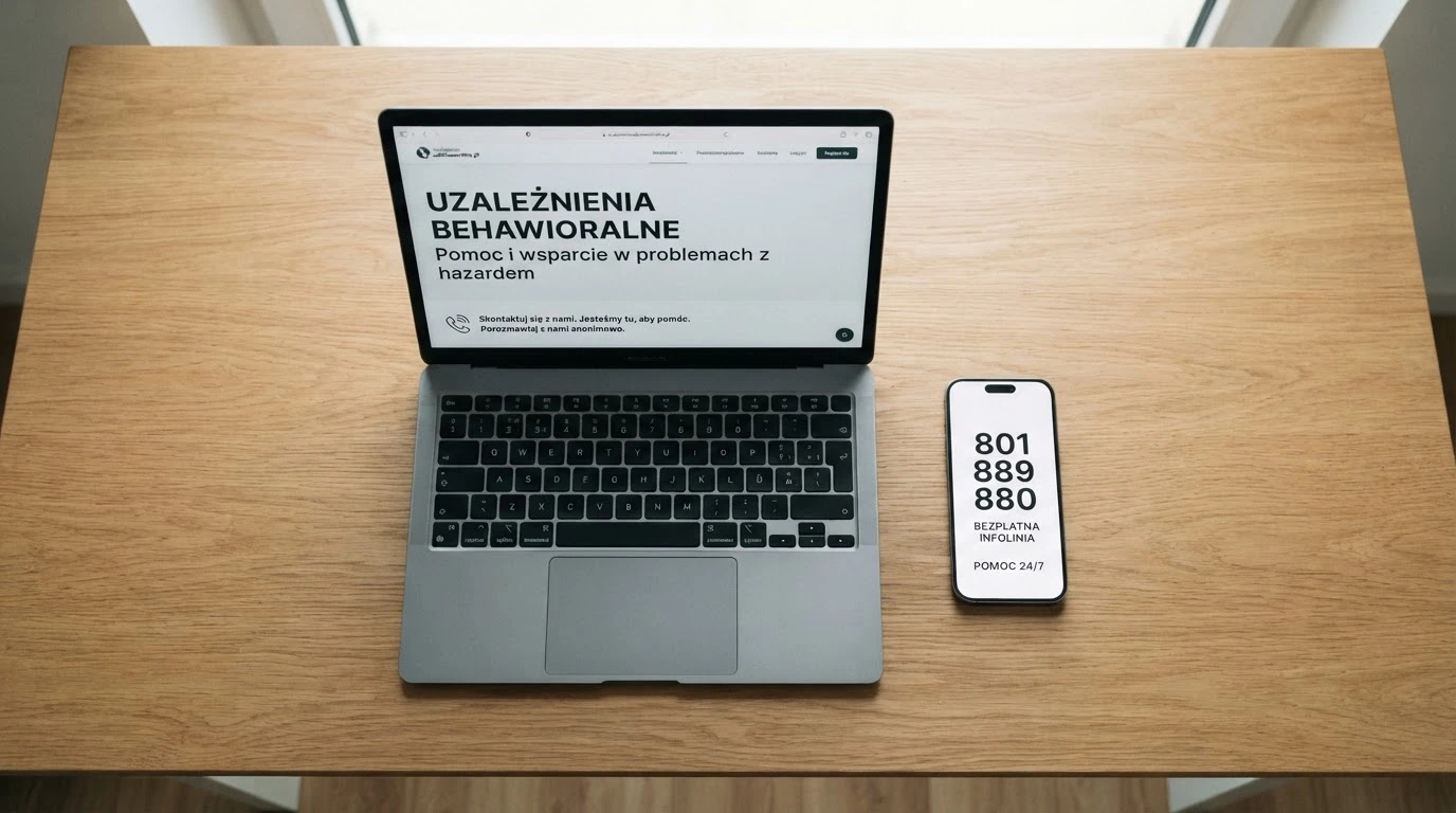 Telefon i ekran komputera z widocznym numerem bezpłatnej infolinii 801 889 880 i adresem strony uzaleznieniabehawioralne.pl