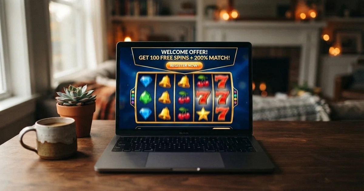 Kolorowe automaty online na ekranie laptopa z widocznym banerem bonusu powitalnego i przyciskiem rejestracji