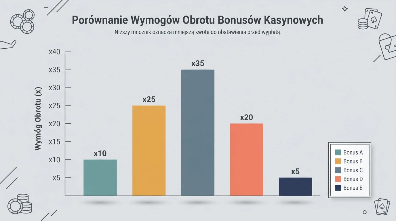 Tabela porównawcza bonusów bez depozytu z nazwami kasyn, kwotami bonusów i warunkami obrotu